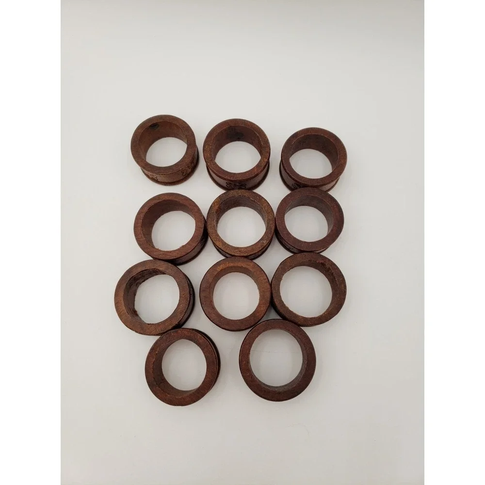 Vintage Wooden Napkin Rings‎ With Carved Floral Motif Lot Of 11 Made In India